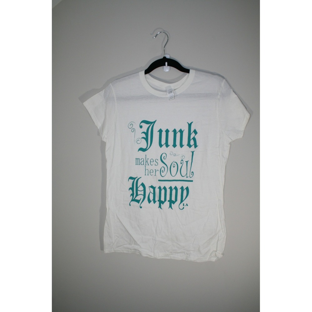 Gildan Softstyle Junk Makes Her Soul Happy Graphic T-Shirt White Teal XL